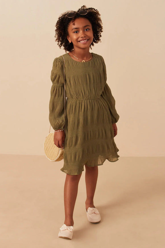 Mixed Pleated Peasant olive Sleeve Dress