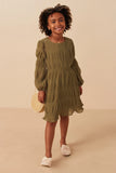 Mixed Pleated Peasant olive Sleeve Dress