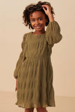 Mixed Pleated Peasant olive Sleeve Dress