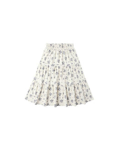 Blue Floral Ruffle Tiered Midi Skirt