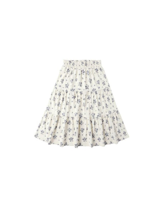 Blue Floral Ruffle Tiered Midi Skirt