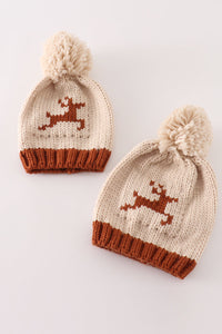 Beige Pompom Reindeer Cable Beanie