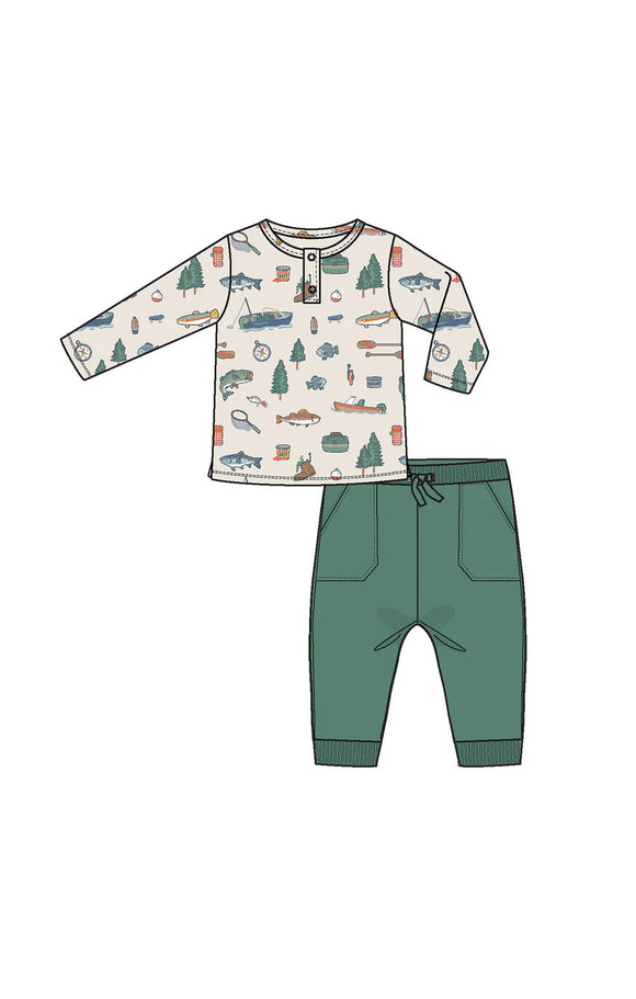 Fishing Things Henley Top+Waffle Jogger Set