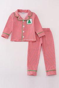 Red Stripe Christmas Tree Embroidery Boy PJ Set