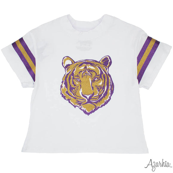 Game Day Glitter Boxy T'Purple Gold Tiger