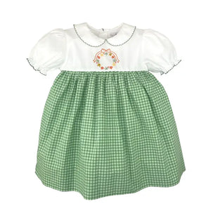Green Wreath Embroidered Gingham Dress