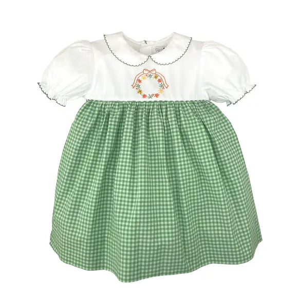 Green Wreath Embroidered Gingham Dress