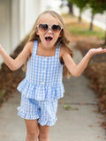 Blue Gingham Ruffle Button Short Set