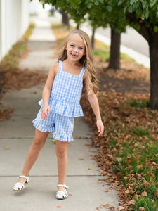 Blue Gingham Ruffle Button Short Set