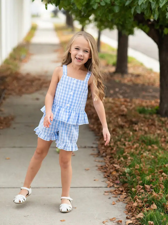 Blue Gingham Ruffle Button Short Set