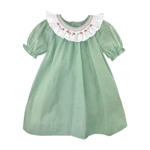 Green Gingham W/ Pink Flowers + Ruffle Collar Dress
