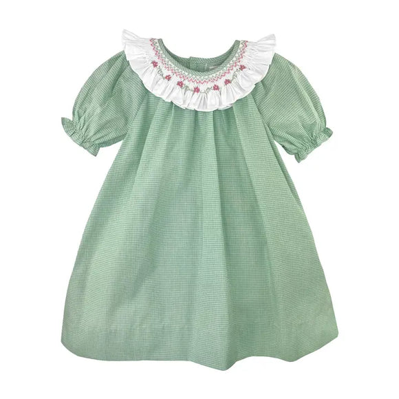 Green Gingham W/ Pink Flowers + Ruffle Collar Dress