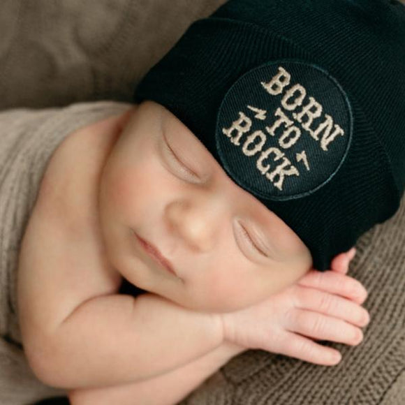 Black Born To Rock Newborn Hat