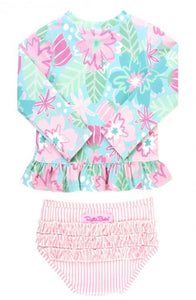 In Bloom Pink Seersucker Long Sleeve Rash Guard Bikini