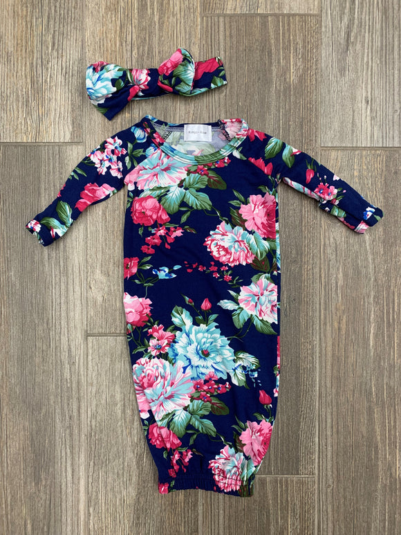 Navy Floral Gown & Bow