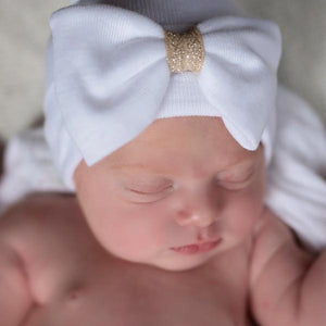 White Shimmer Bow Newborn Hat