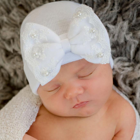 Pearl and Lace Trim Newborn Hat
