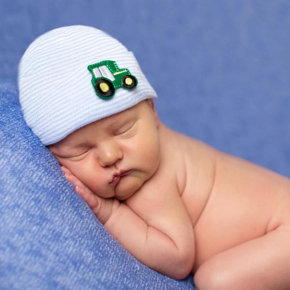 Blue and White Striped Tractor Newborn Hat
